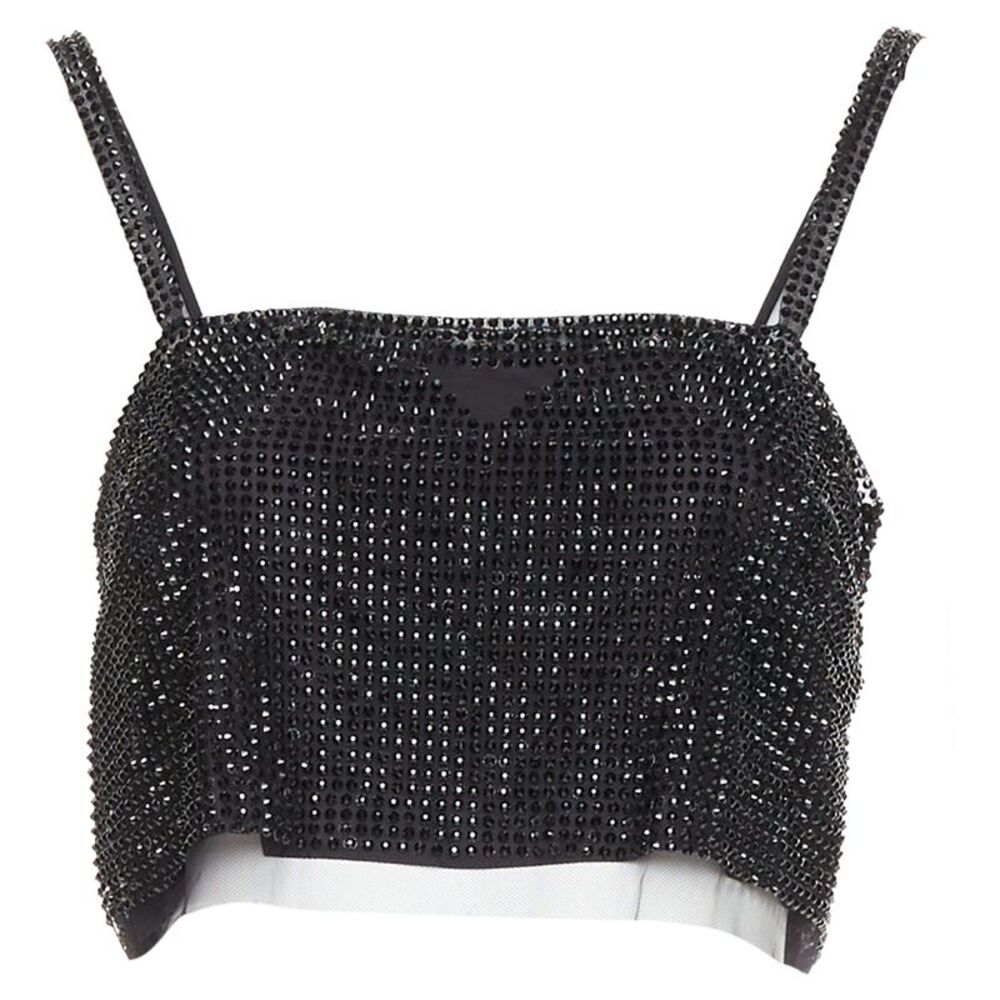 Prada black crystal rhinestone mesh triangle crop top